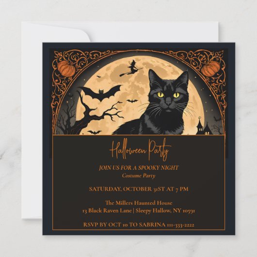 Black Kitty Kat Halloween Feest Uitnodiging (Voorkant)