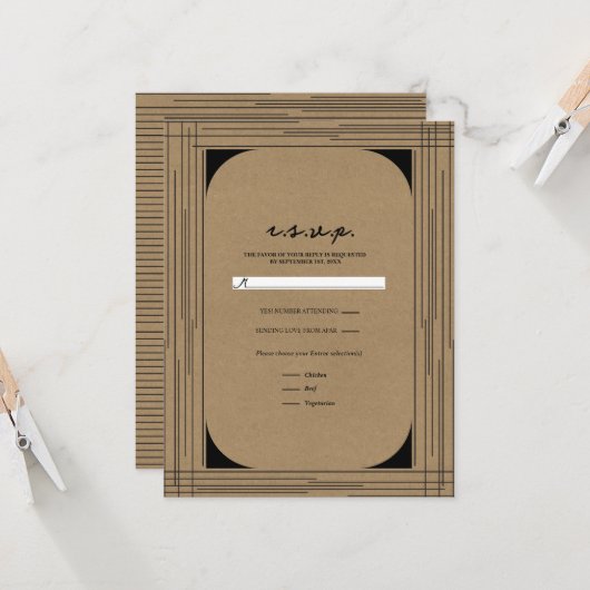 Black Kraft Minimal Modern Lines Wedding RSVP Kaart (Voorkant / Achterkant in situ)