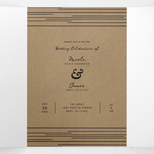 Black Kraft Minimal Moderne Lijnen Trouwen Drieluik Uitnodiging (Binnenkant midden)