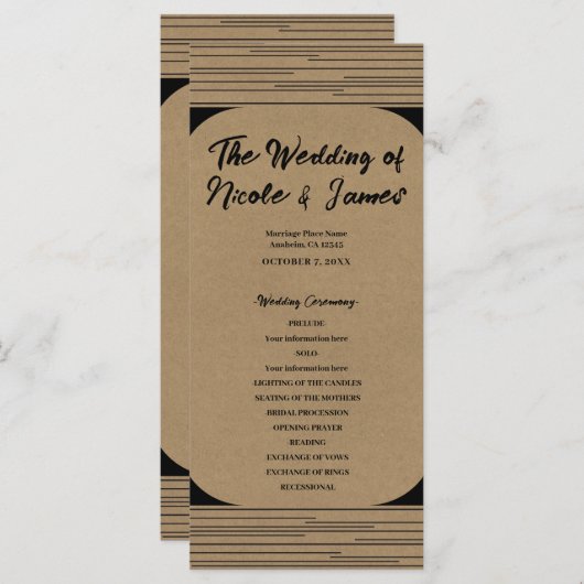 Black Kraft Minimal Moderne Lijnen Trouwprogramma Programmakaart (Voorkant / Achterkant)