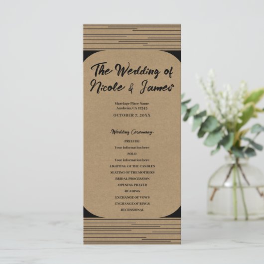 Black Kraft Minimal Moderne Lijnen Trouwprogramma Programmakaart (Staand voorkant)