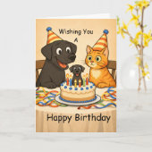 Black Lab & Cat Birthday Card – Happy Birthday Kaart (Gele Bloem)