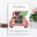 Black Lab Dog Puppy Merry Kerstrode truck Feestdagen Kaart<br><div class="desc">Stuur kerstfeestdagen dit vakantieseizoen met deze zwarte labrador rekende honden in een waterverf ontwerp. Deze zwarte labrador vakantiekaart is voorzien van vier labrador pups in een waterverf rode kersttruck met vakantieboom. Personaliseer met groet voorzijde en berichtrug.. Deze zwarte kerstkaart zal een favoriet zijn onder zwarte labrador liefhebbers, hondenliefhebbers en dierenvrienden....</div>