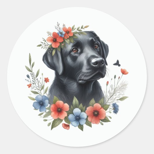 Black Lab Floral Ronde Sticker (Voorkant)