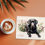 Black Lab in Wildflowers Hello Personalized Briefkaart<br><div class="desc">Black  lab dog lover postcard with custom text on the front.  Send a note that begins with,  "Hello from .. name" in dark pink script.  Continue your message on the back with your own handwriting.  Light brown wood boards background,  with a sweet labrador retriever lying among the wildflowers.</div>