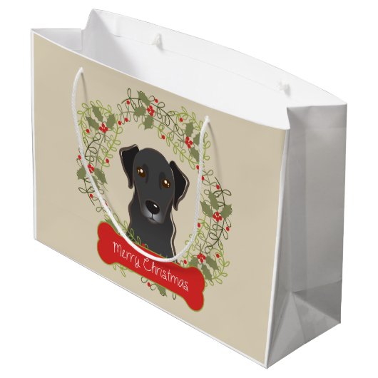 Black Lab Merry Christman Gift Bag Large Cadeautasje (Achterkant Gekanteld)