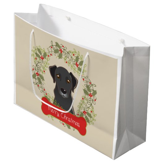 Black Lab Merry Christman Gift Bag Large Cadeautasje (Voorkant Gekanteld)