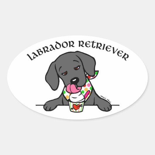 Black Lab Puppy Ice Cream Cartoon Ovale Sticker (Voorkant)