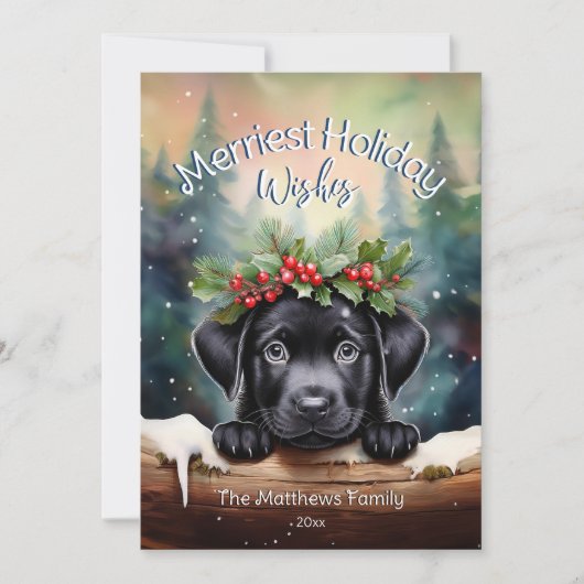 Black Lab Puppy in het winterbos Kerstwensen Feestdagenkaart (Voorkant)