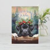 Black Lab Puppy in het winterbos Kerstwensen Feestdagenkaart (Staand voorkant)