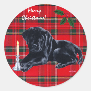 Black Lab Puppy Kerst stickers Tartan