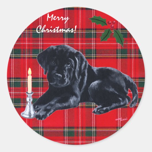 Black Lab Puppy Kerst stickers Tartan (Voorkant)