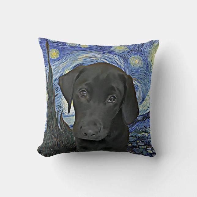 Black Lab Puppy Sterrennacht Van Gogh geïnspireerd Kussen (Voorkant)