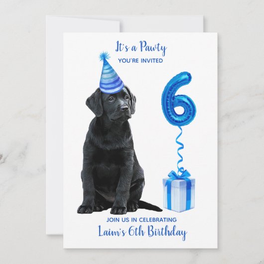 Black Lab Puppy Thema 6e Verjaardag Blue Boy Pawty Kaart (Voorkant)