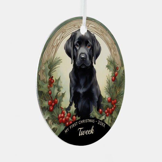 Black Lab Puppy's eerste kerst metalen Ornament (Voorkant Rechts)