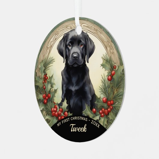 Black Lab Puppy's eerste kerst metalen Ornament (Voorkant links)