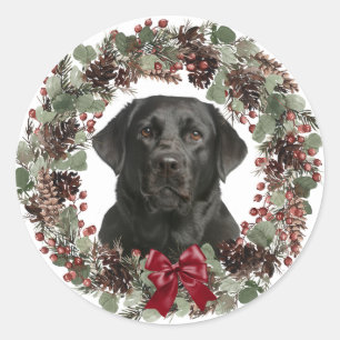Black Lab Red Bow Pinecone Wreater Kerstmis Ronde Sticker
