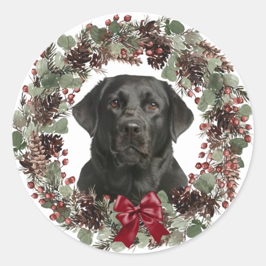Black Lab Red Bow Pinecone Wreater Kerstmis Ronde Sticker (Voorkant)