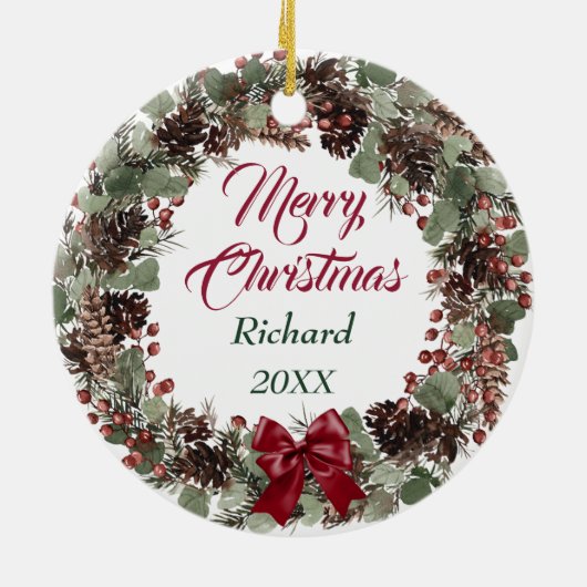 Black Lab Red Bow Pinecone Wreath Personalized Keramisch Ornament (Achterkant)