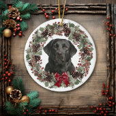 Black Lab Red Bow Pinecone Wreath Personalized Keramisch Ornament