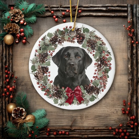 Black Lab Red Bow Pinecone Wreath Personalized Keramisch Ornament