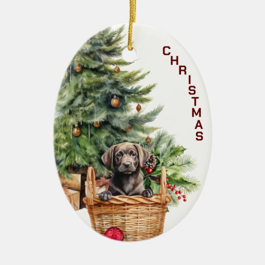 Black Lab Retriever Puppy Wicker Basket Kerstmis Keramisch Ornament (Voorkant)