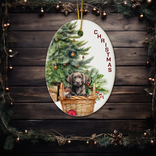 Black Lab Retriever Puppy Wicker Basket Kerstmis Keramisch Ornament