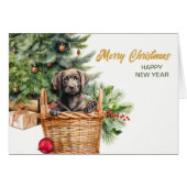 Black Lab Retriever Wicker Basket Kerst Kaart (Voorkant Horizontaal)