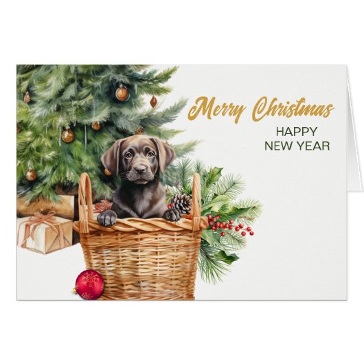 Black Lab Retriever Wicker Basket Kerst Kaart (Voorkant Horizontaal)