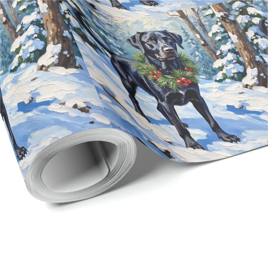 Black Lab Serene Winter Forest Christmas Holiday Cadeaupapier (Rol Hoek)