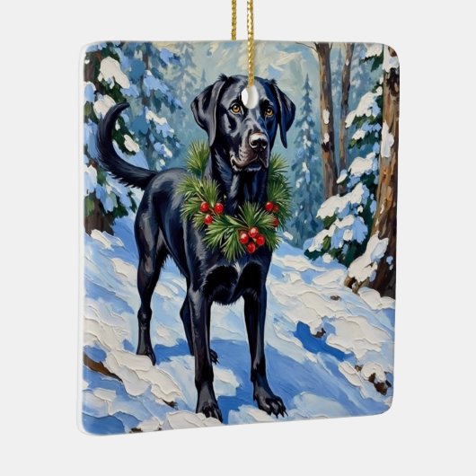 Black Lab Serene Winter Forest Christmas Holiday Keramisch Ornament (Rechts)