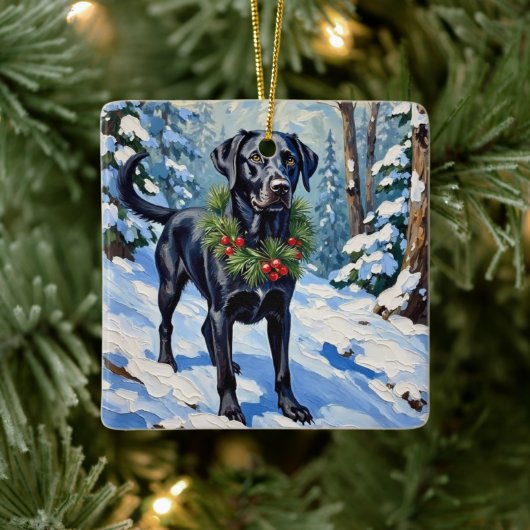 Black Lab Serene Winter Forest Christmas Holiday Keramisch Ornament (Boom)