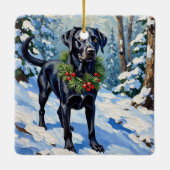 Black Lab Serene Winter Forest Christmas Holiday Keramisch Ornament (Achterkant)