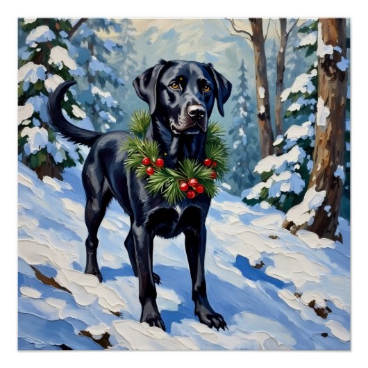 Black Lab Serene Winter Forest Christmas Holiday Perfect Poster (Voorkant)