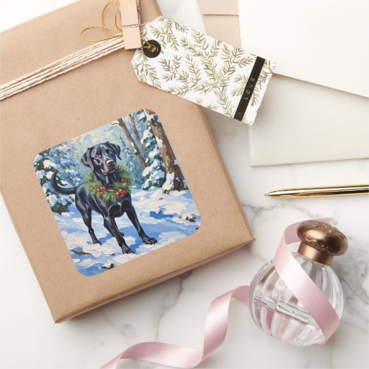 Black Lab Serene Winter Forest Christmas Holiday Vierkante Sticker (Geschenken)