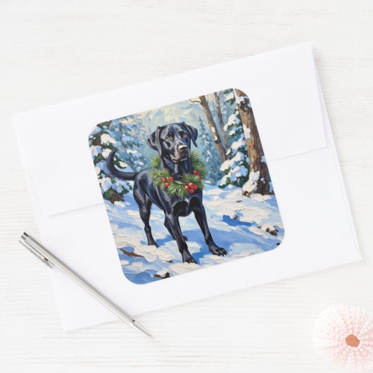 Black Lab Serene Winter Forest Christmas Holiday Vierkante Sticker (Envelop)