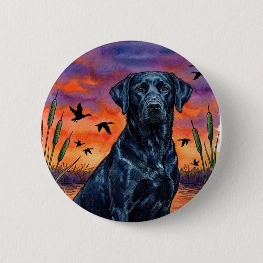 Black Lab Sunset Eendenjacht Pinback Knop Ronde Button 5,7 Cm (Voorkant)