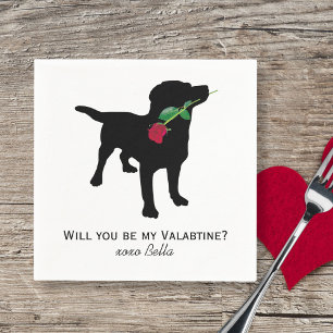 Black Lab Valentijn Dog holding Red Rose Servet