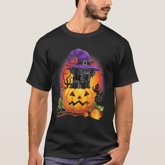 Black Lab Witch Pumpkin Halloween Hondenliefhebber T-shirt (Voorkant)