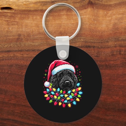 Black Labradoodle Christmas Tree Xmas Lights Doodl Sleutelhanger (Voorkant)