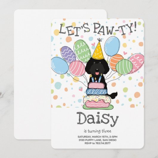 Black Labradoodle Hond Verjaardagsfeestje Uitnodig Kaart (Voorkant / Achterkant)