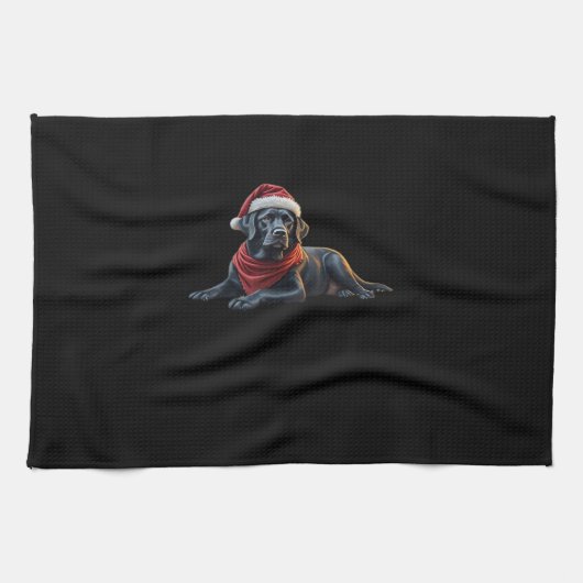 Black Labrador at Christmas in Santa Hat and Scarf Theedoek (Horizontaal)