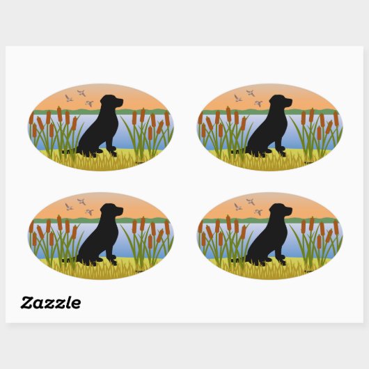 Black Labrador Bird Dog Sunset Ovale Sticker (Vel)