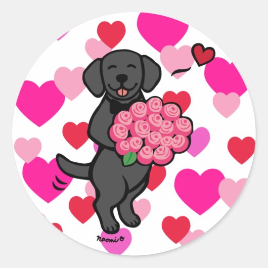 Black Labrador Cartoon Valentijn Hearts Ronde Sticker (Voorkant)