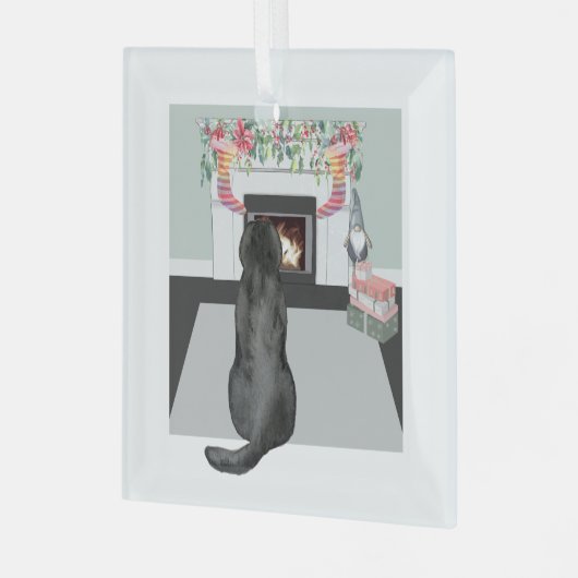 Black Labrador Dog kerstFireplace Scene Glas Ornament (Voorkant links)