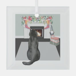 Black Labrador Dog kerstFireplace Scene Glas Ornament