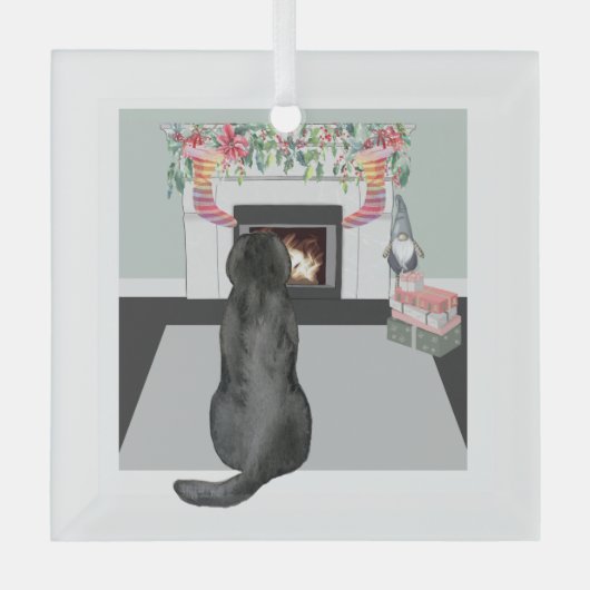 Black Labrador Dog kerstFireplace Scene Glas Ornament (Voorkant)