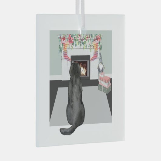 Black Labrador Dog kerstFireplace Scene Glas Ornament (Voorkant Rechts)