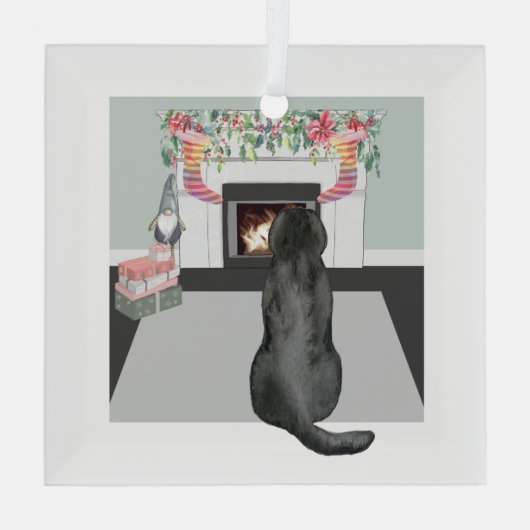 Black Labrador Dog kerstFireplace Scene Glas Ornament (Achterkant)