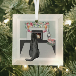 Black Labrador Dog kerstFireplace Scene Glas Ornament